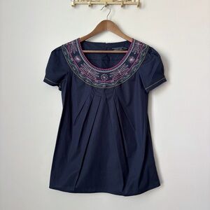 Peruvian Connection Blue Embroidered Pima Cotton Blouse Sz 6